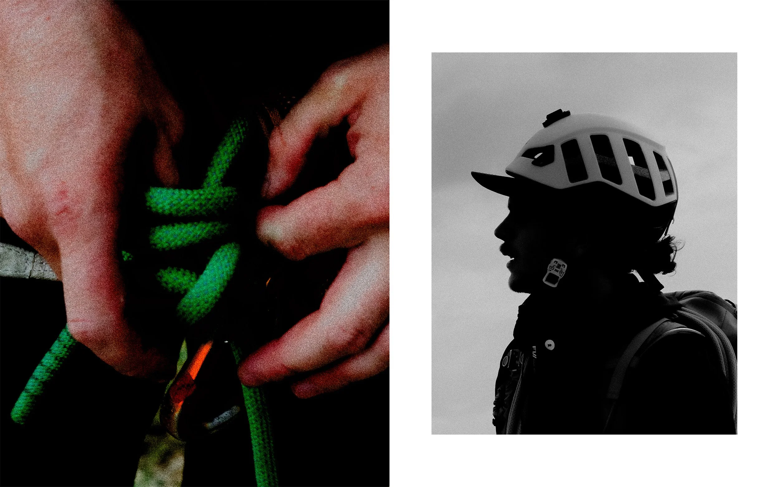 Côté gauche : une main tenant une corde de camping colorée en vert et noir. Côté droit : silhouette d'une femme avec casque de vélo, vue de profil, en noir et blanc.