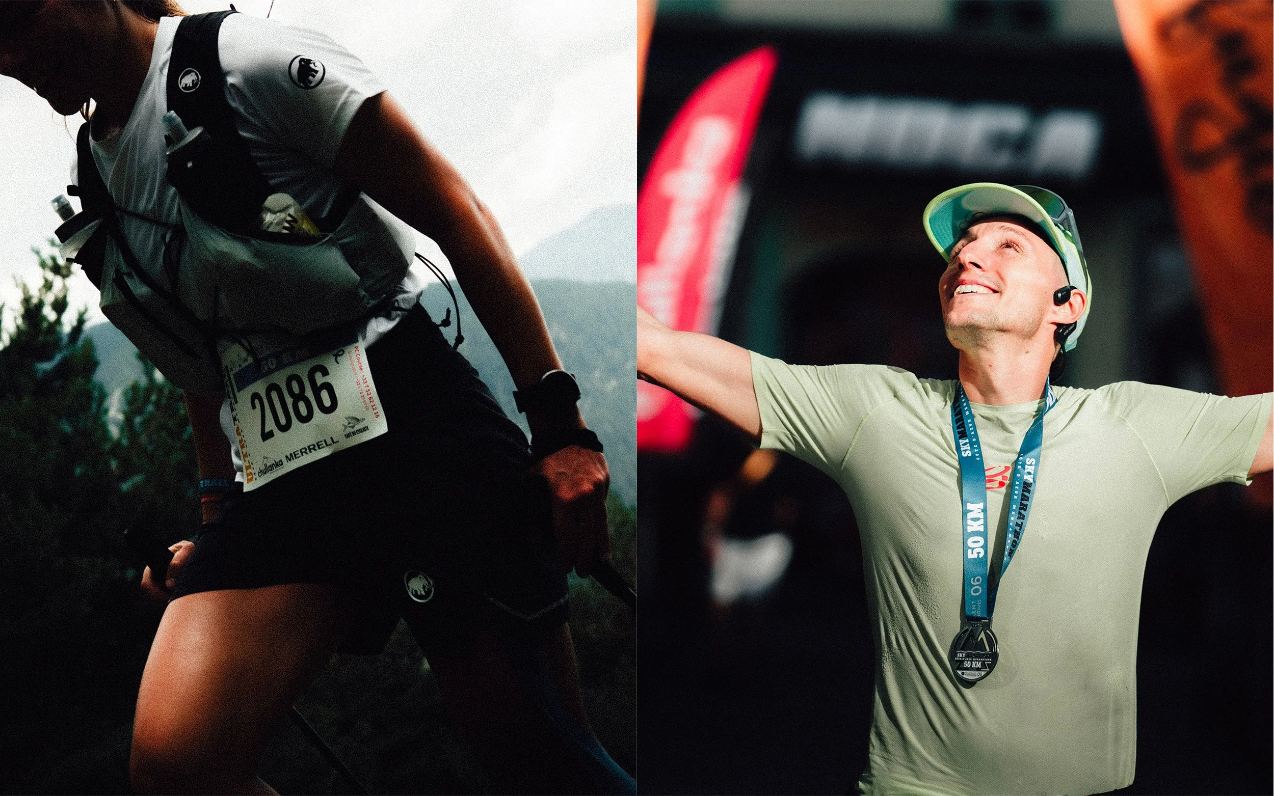 Photo d'un parcours de trail, montrant deux coureurs. Le coureur à gauche porte un dossard 2086, un sac à dos, et court dans un environnement naturel. Le coureur à droite, portant une casquette et une médaille de fin de course, affiche un sourire et 