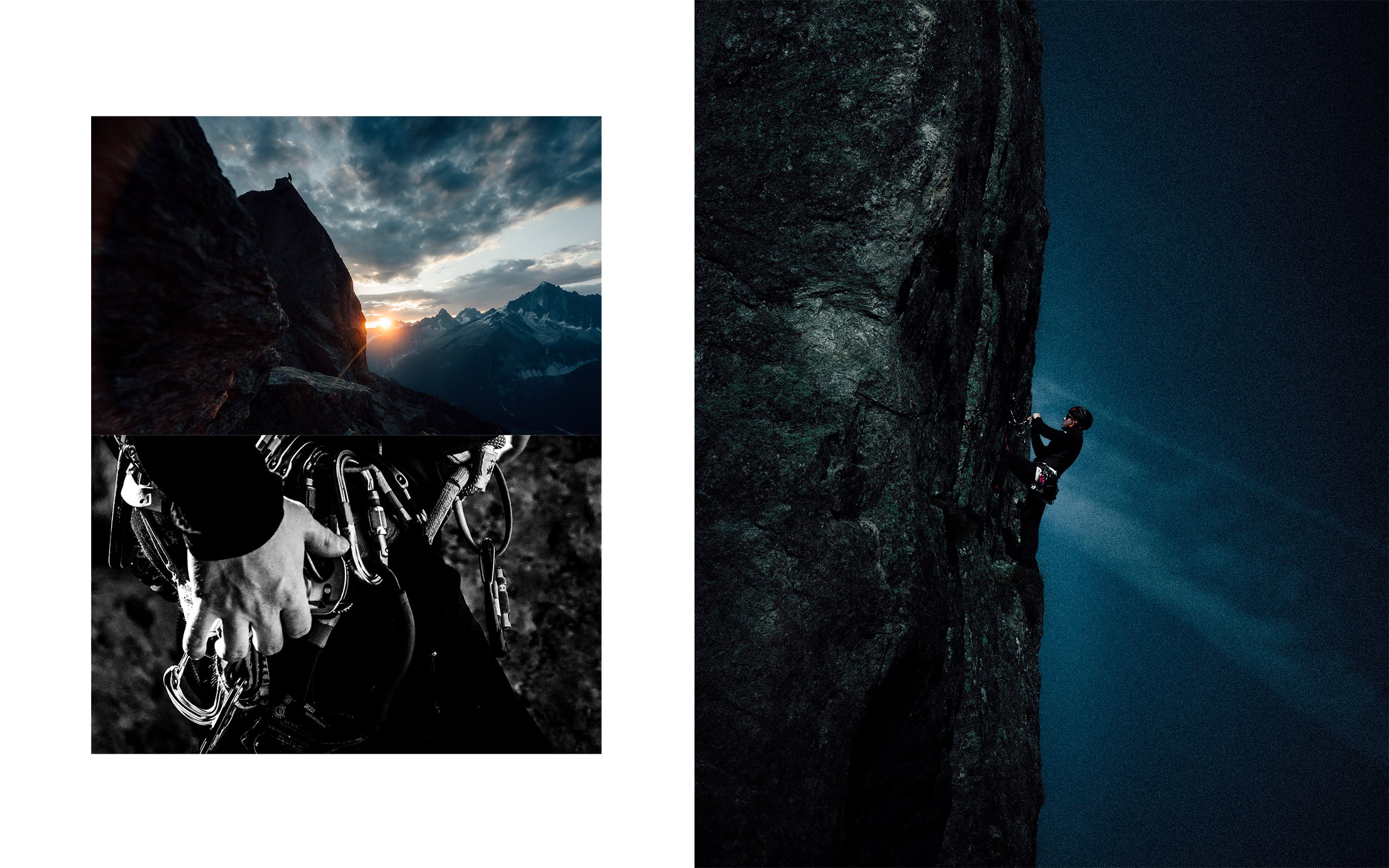 Deux images montrant des alpinistes grimper une paroi rocheuse, une de jour avec un paysage de montagnes et une de nuit avec un ciel sombre.
