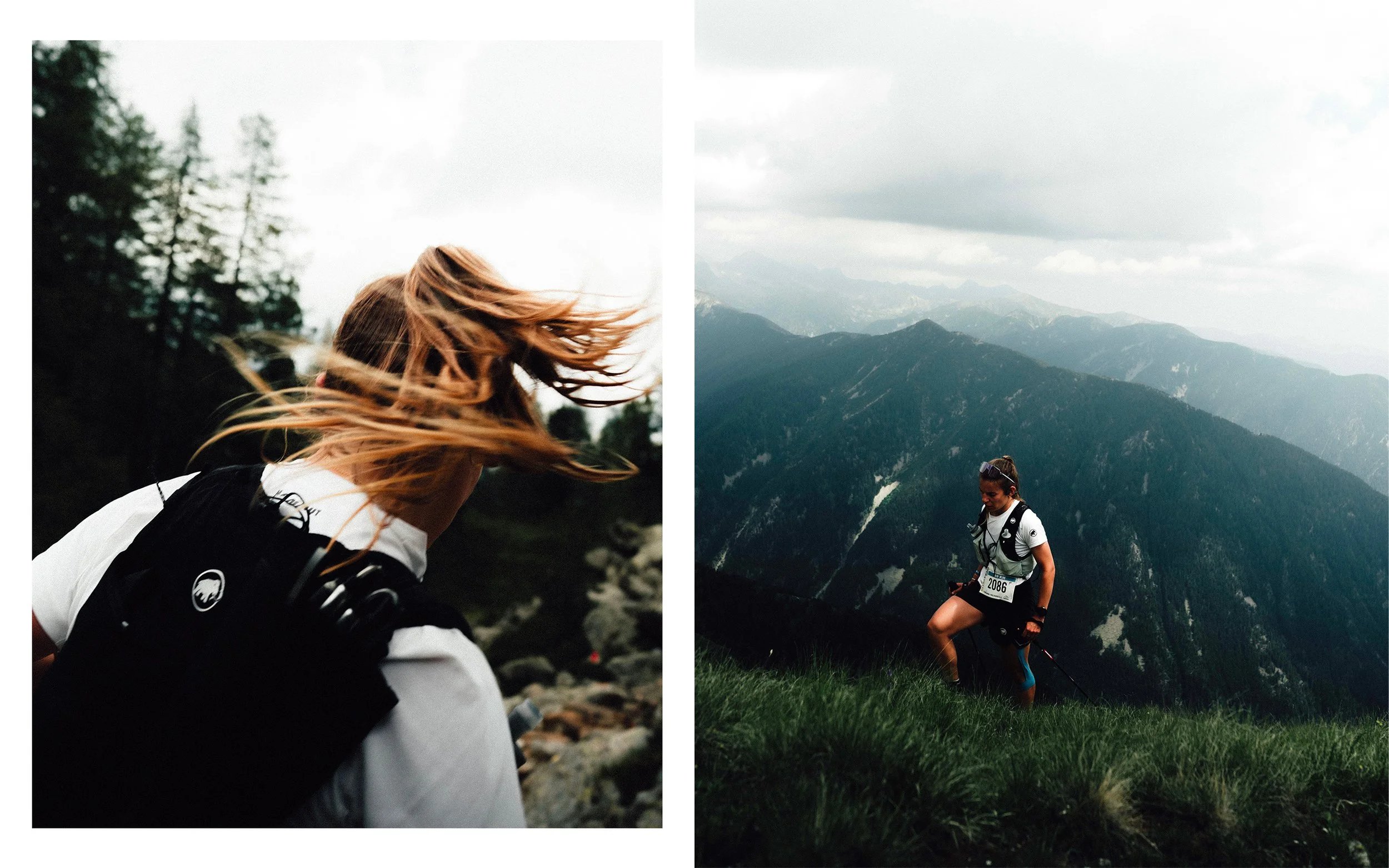 Deux femmes pratiquant la course en montagne avec des paysages montagneux et un ciel nuageux.