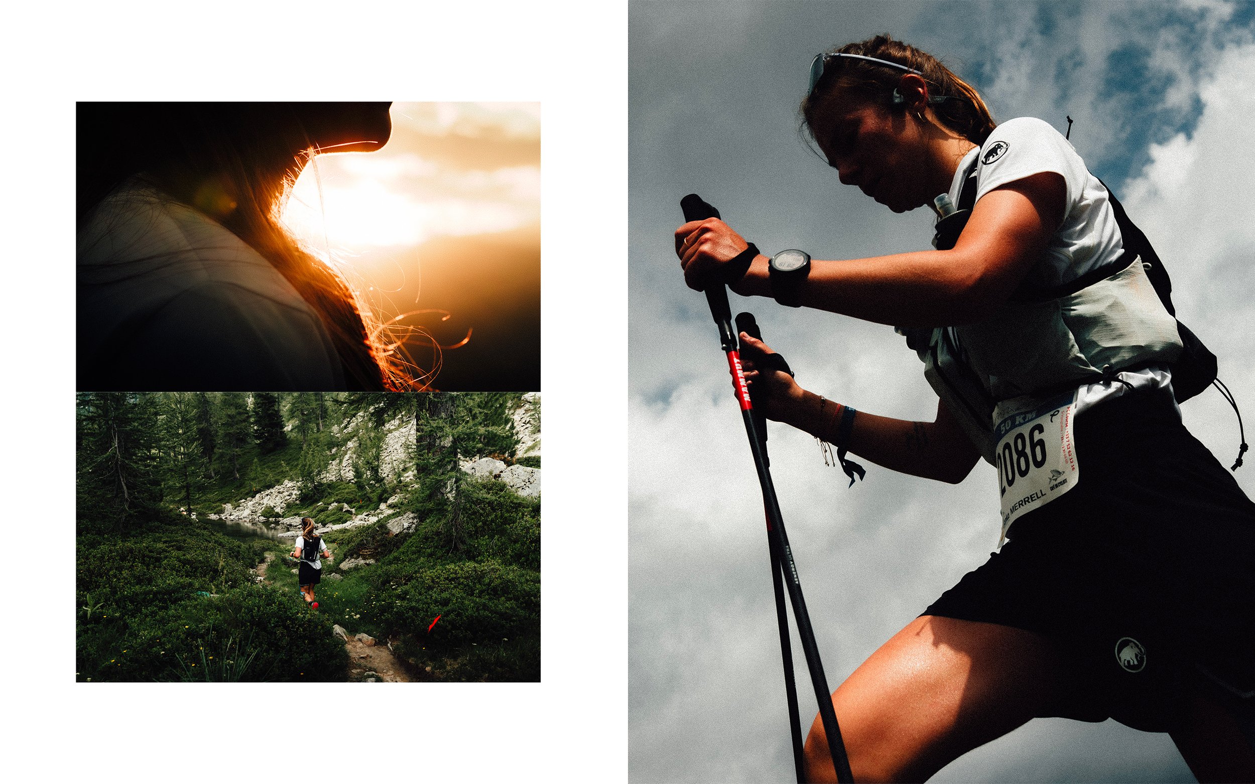 Collage de trois images montrant une femme en pleine activité en plein air : une image en silhouette au coucher du soleil, une femme en train de faire de l'escalade ou de supporter une activité physique intense avec un casque et des bâtons, traversan