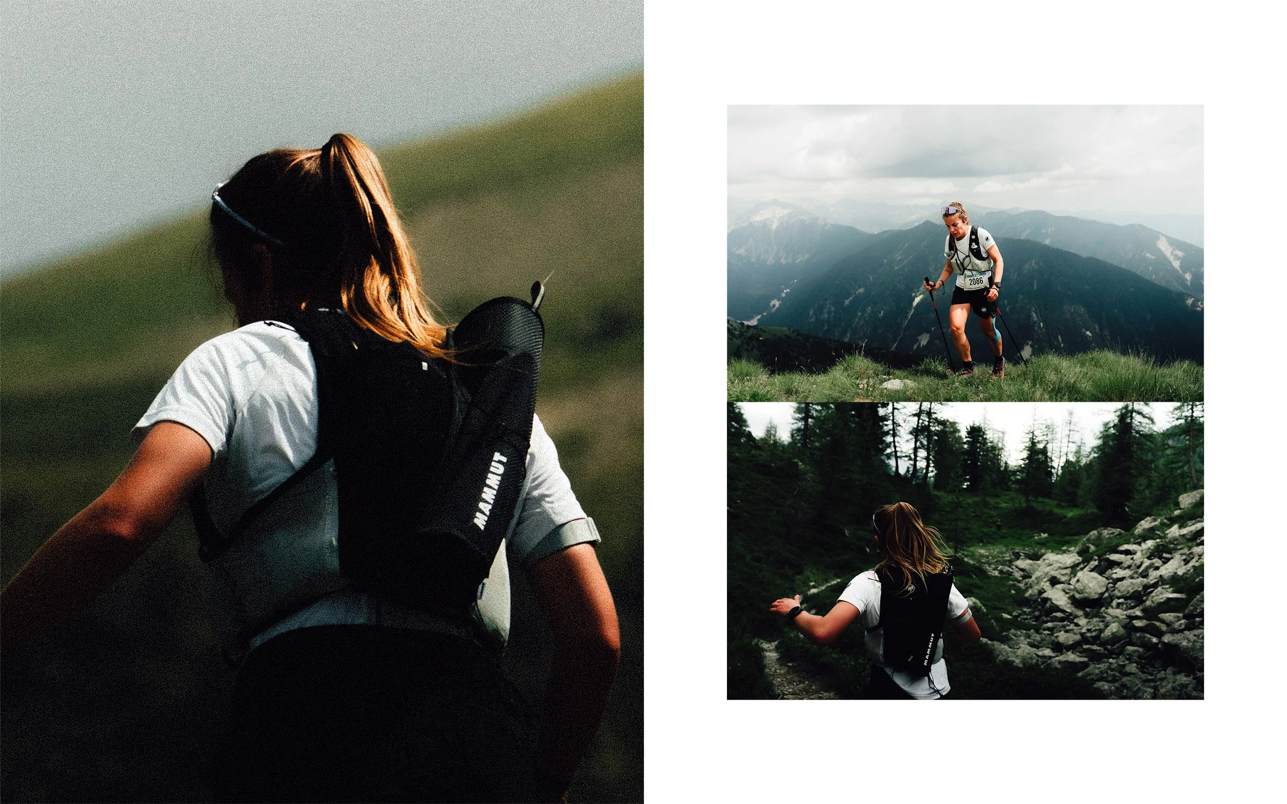Une femme avec un sac à dos et une casquette explore une forêt de montagne, entourée de paysages montagneux et de forêts.