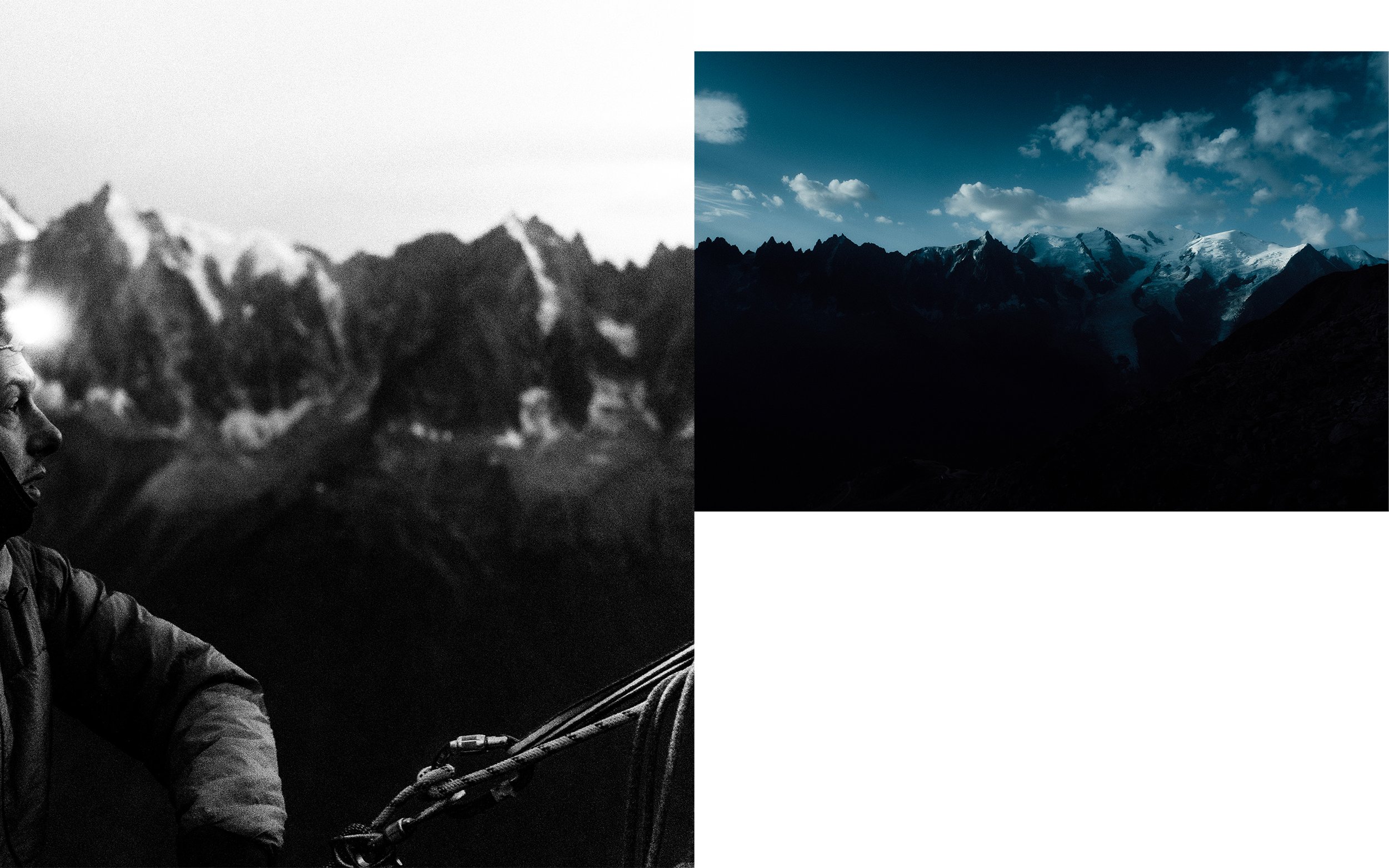 Une personne est en train de faire de l'escalade ou du trekking en haute montagne, avec des montagnes enneigées sous un ciel partiellement nuageux en arrière-plan.