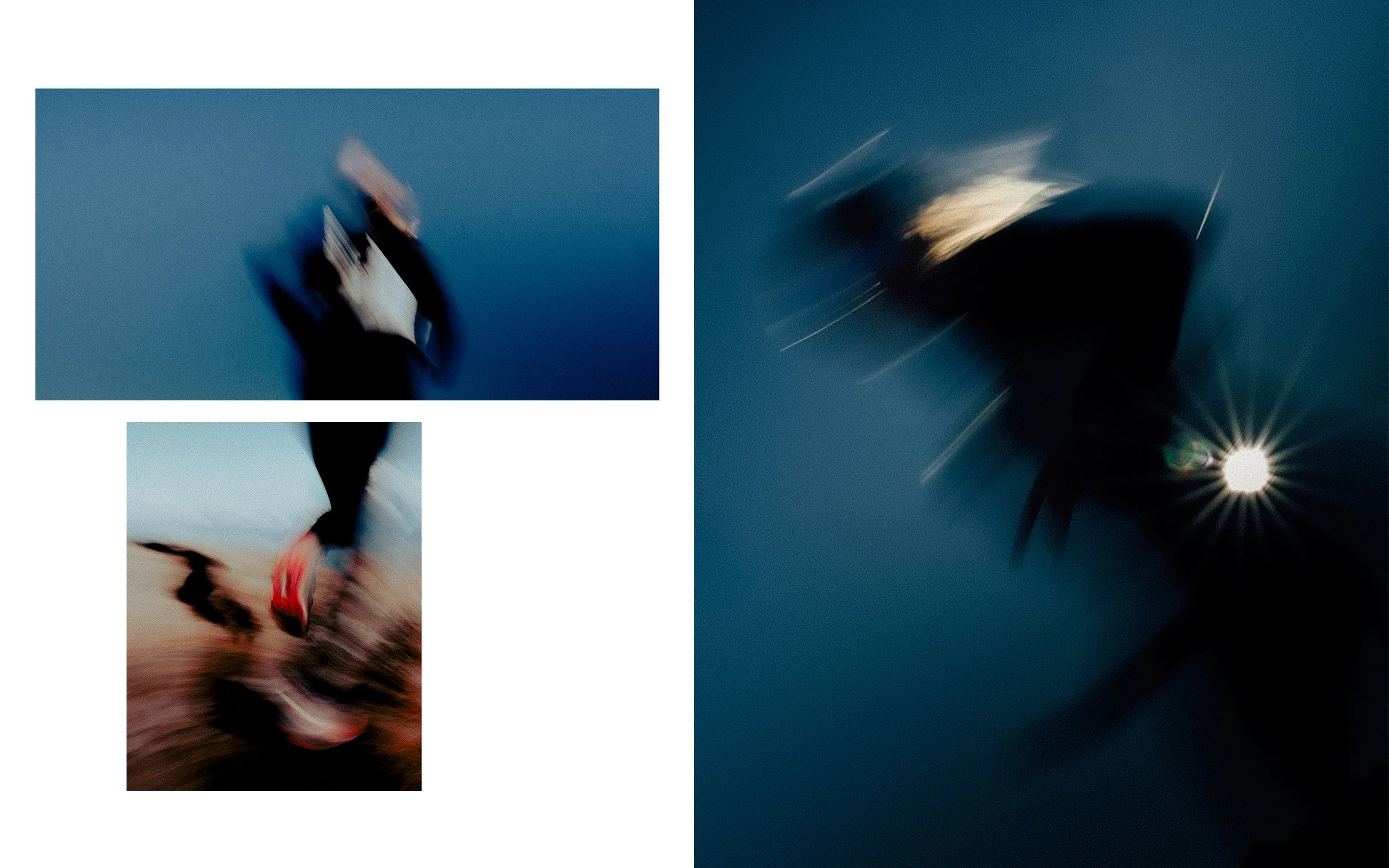 Deux images floues côte à côte, une montrant une personne en mouvement sur un fond bleu.