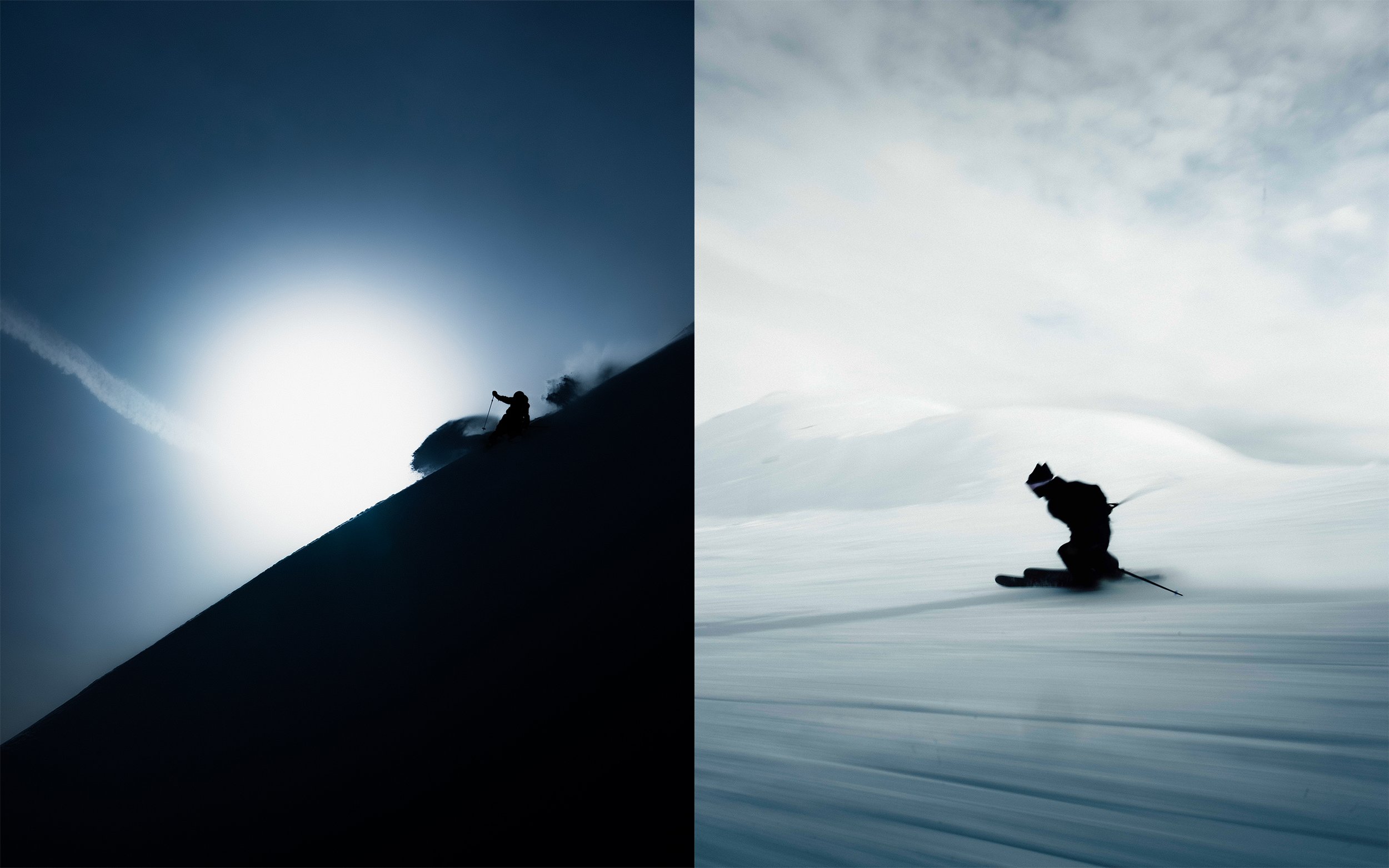 Une montagnarde escaladant une pente enneigée au lever ou coucher du soleil à gauche, un skieur descendant une piste enneigée à droite.