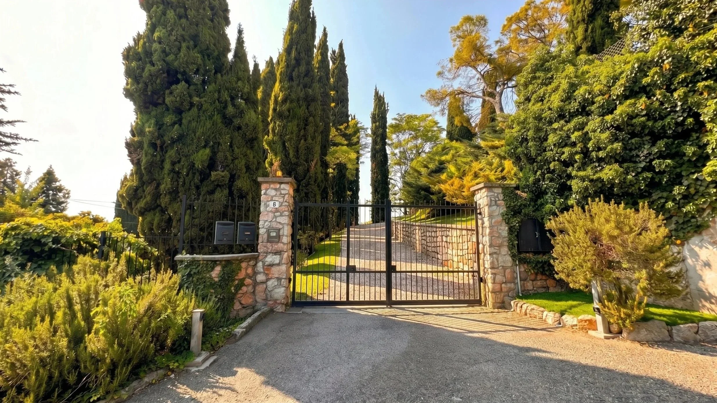 Una cancello nero in ferro battuto tra due muri di pietra, circondato da molti alberi verdi e cespugli.