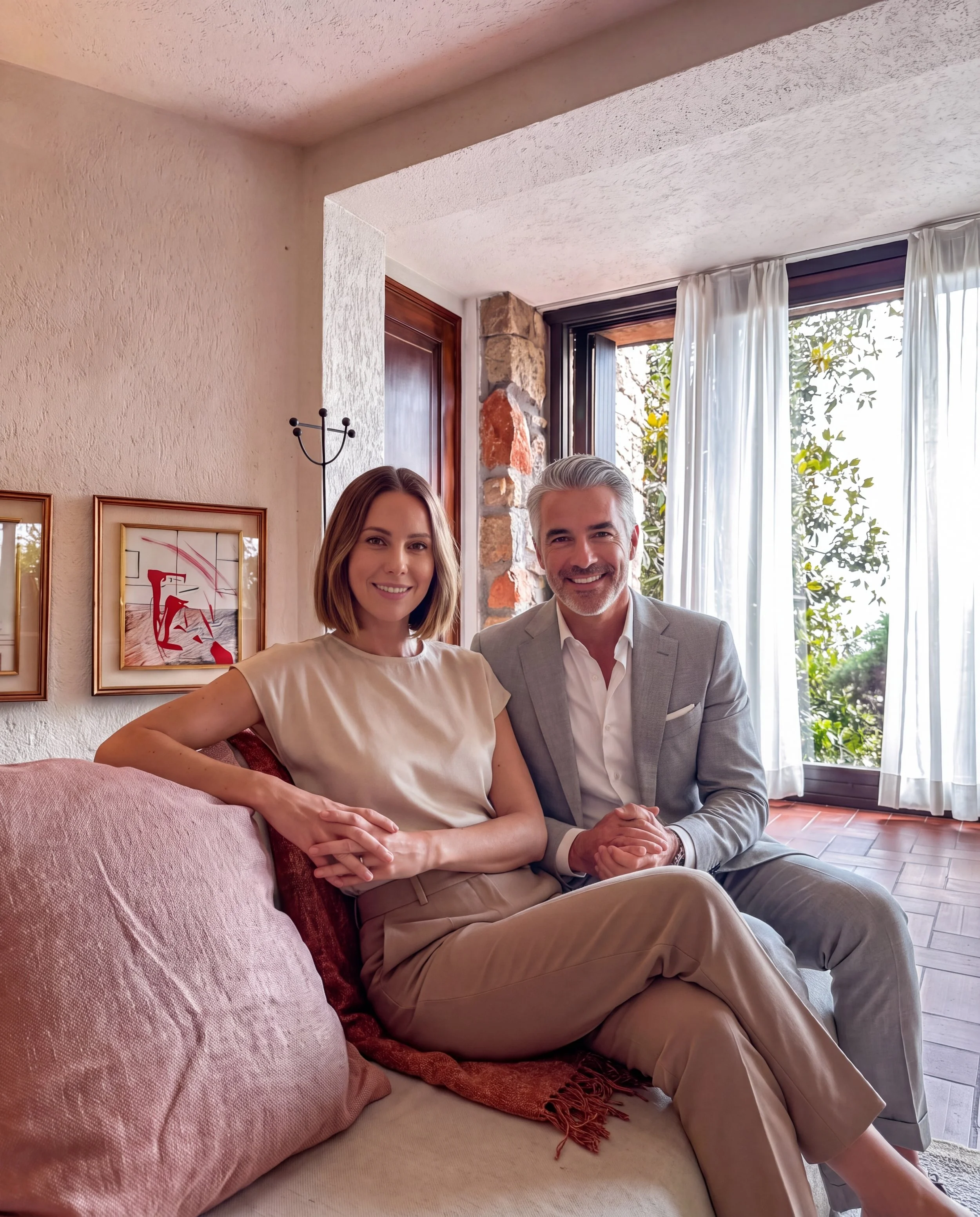 Una coppia sorridente seduta su un divano in soggiorno con pareti bianche e quadri alle pareti, grandi finestre con tende bianche e vista sul giardino.