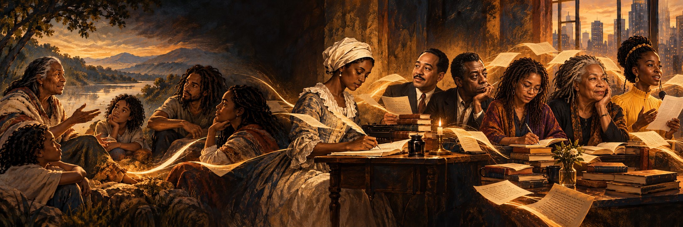 Illustration of Black storytellers, readers, and families across generations gathered around books and shared history.