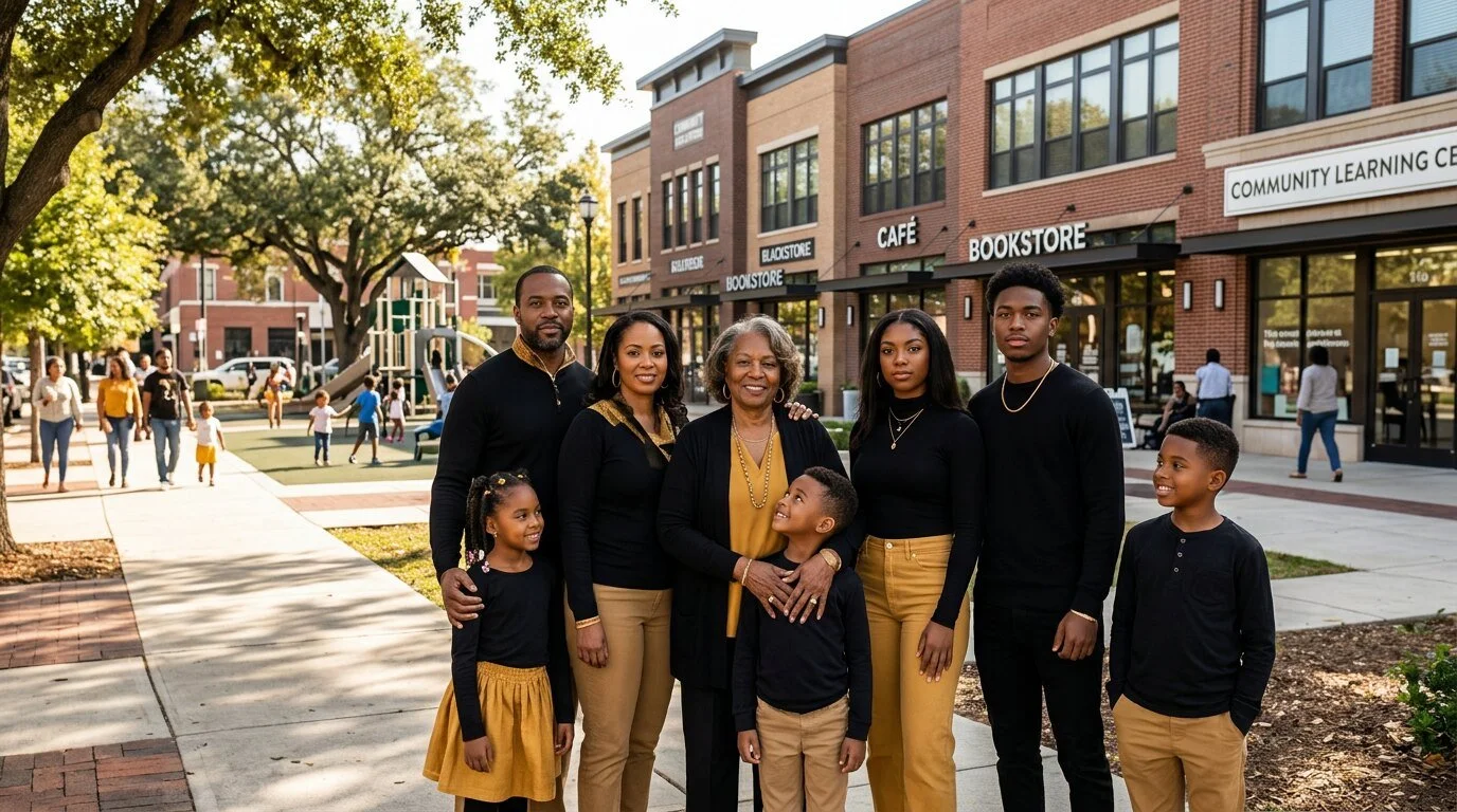 An intergenerational Black American family standing together in a thriving neighborhood with businesses and a community learning center.