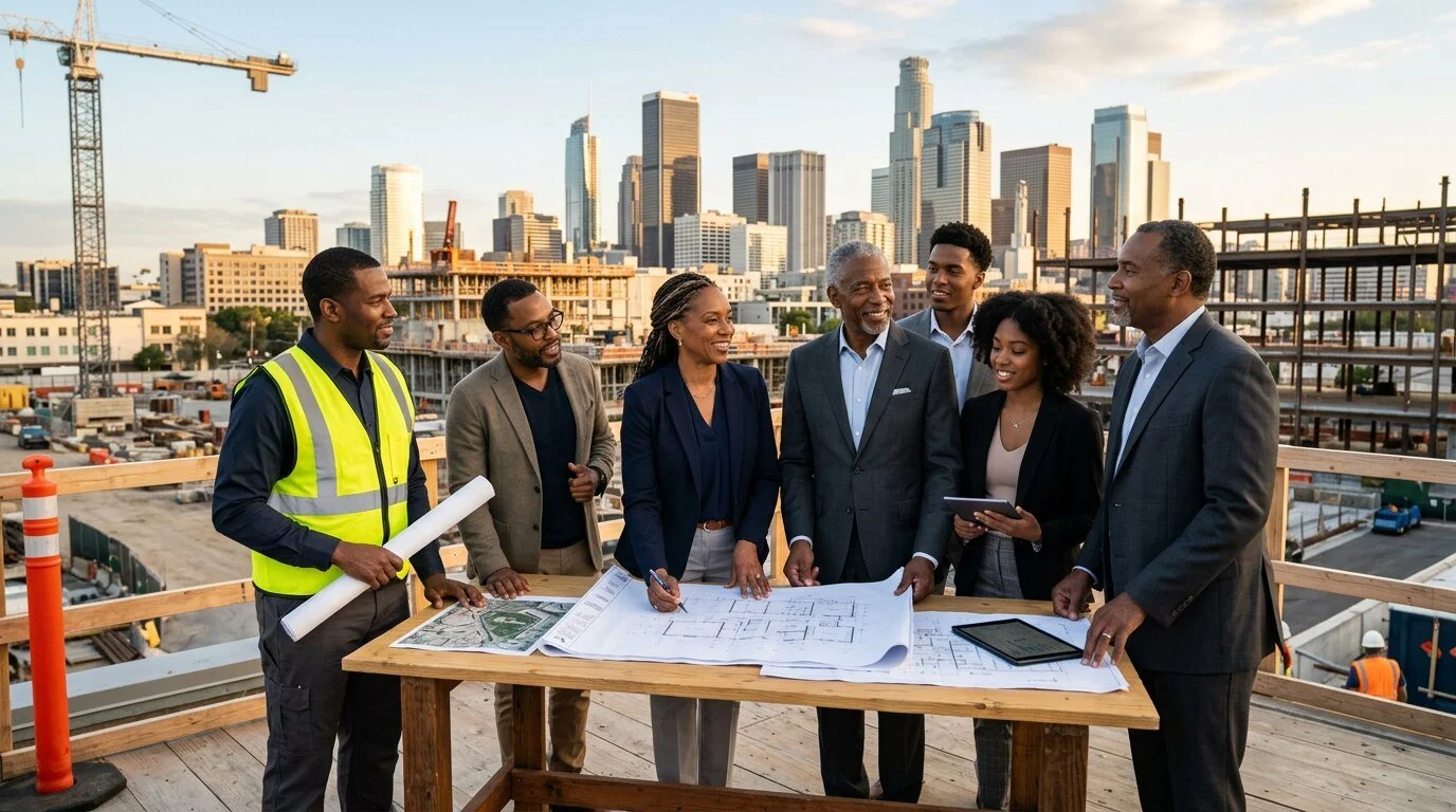 Black American builders, entrepreneurs, and professionals reviewing development plans together at an active urban construction site.