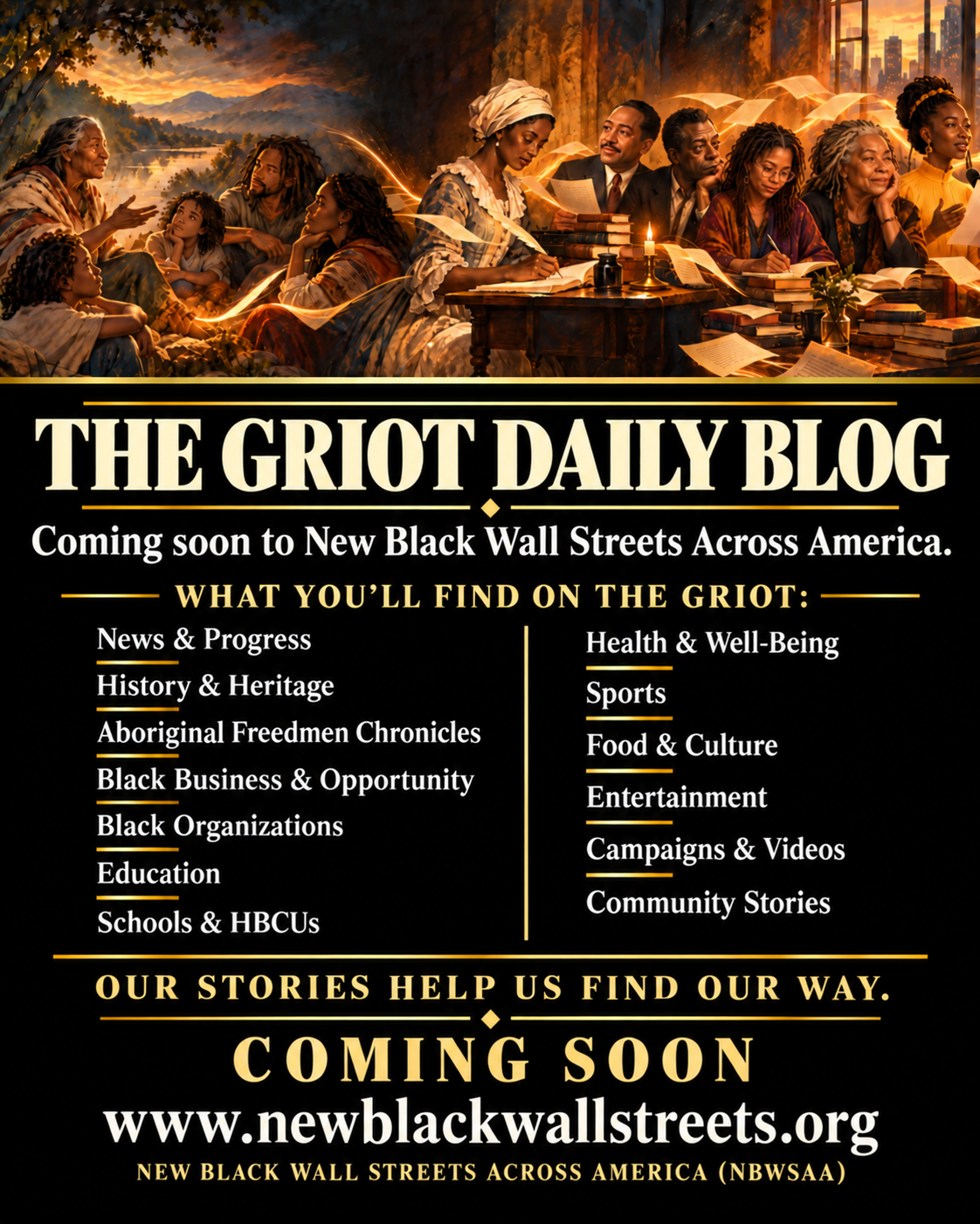 Griot blog coming soon artwork with Black storytellers and writers across generations, and the words Our stories help us find our way.