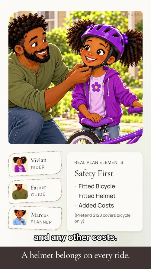 Vivian’s father carefully fits her purple bicycle helmet, from A Bicycle Plan—and a Safer Ride.