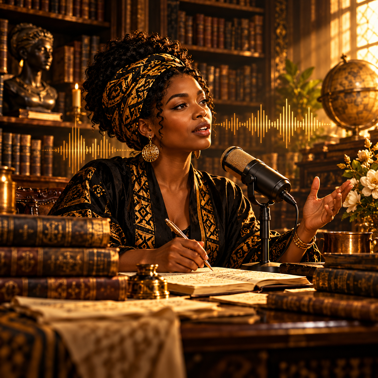 Illustration of a Black woman speaking into a microphone in a warmly lit library.