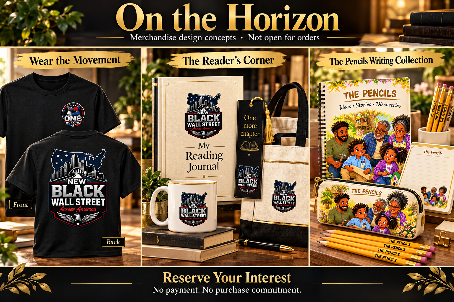NBWSAA merchandise concepts: Wear the Movement T-shirts; The Reader’s Corner journal, bookmark, tote and mug; The Pencils branded pencils, notebook, case and writing pad. Preview only; interest registration and orders are not open.