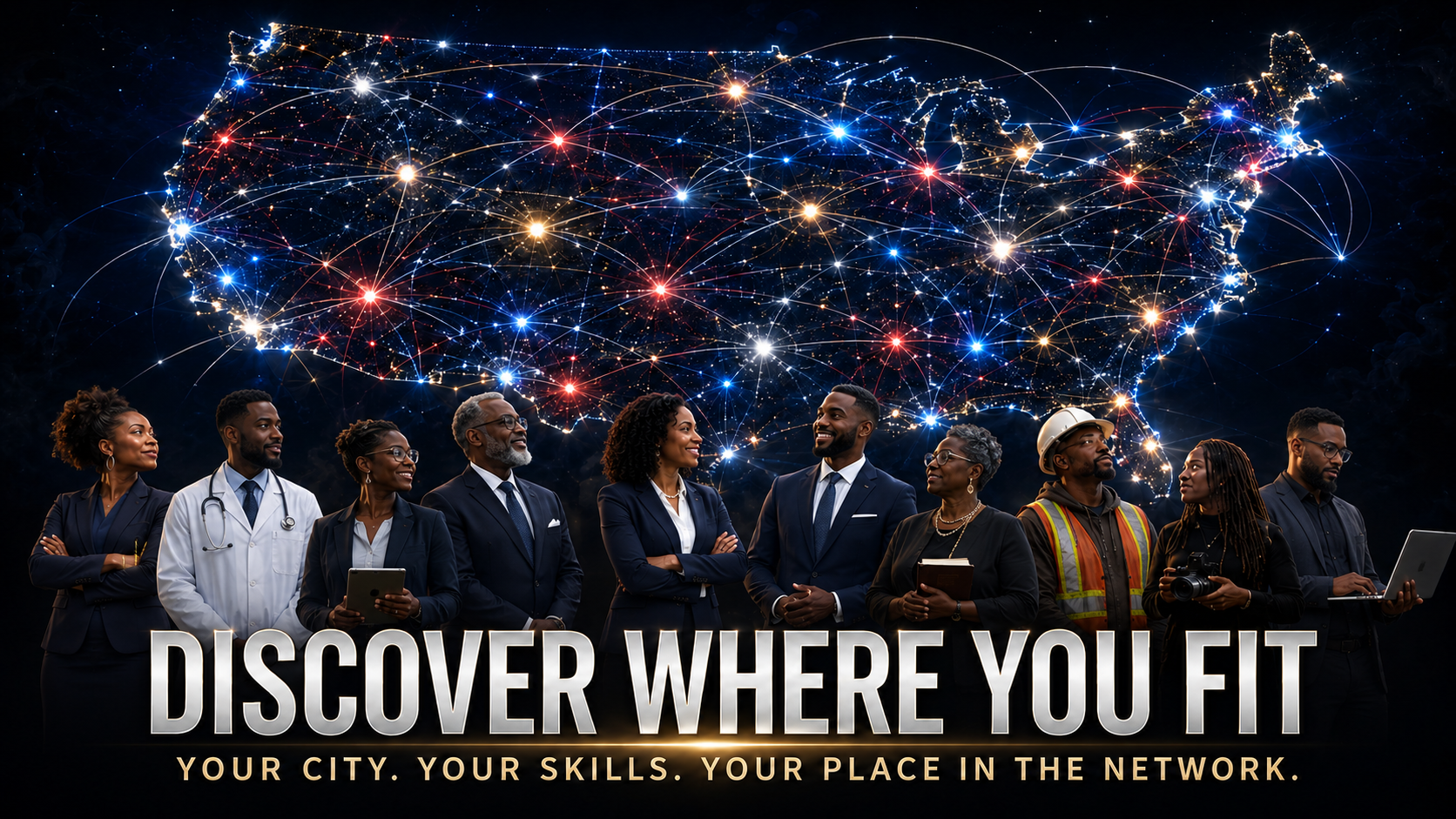 Black American professionals, community leaders, and skilled tradespeople connected across a glowing map of the United States.