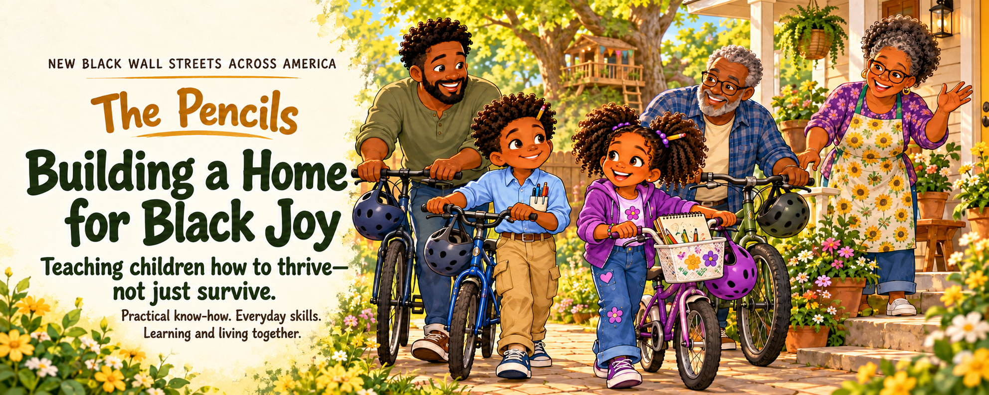 Original Pencils header: Marcus and Vivian with Dad, Granddaddy and Grandma and their bicycles. Building a Home for Black Joy.