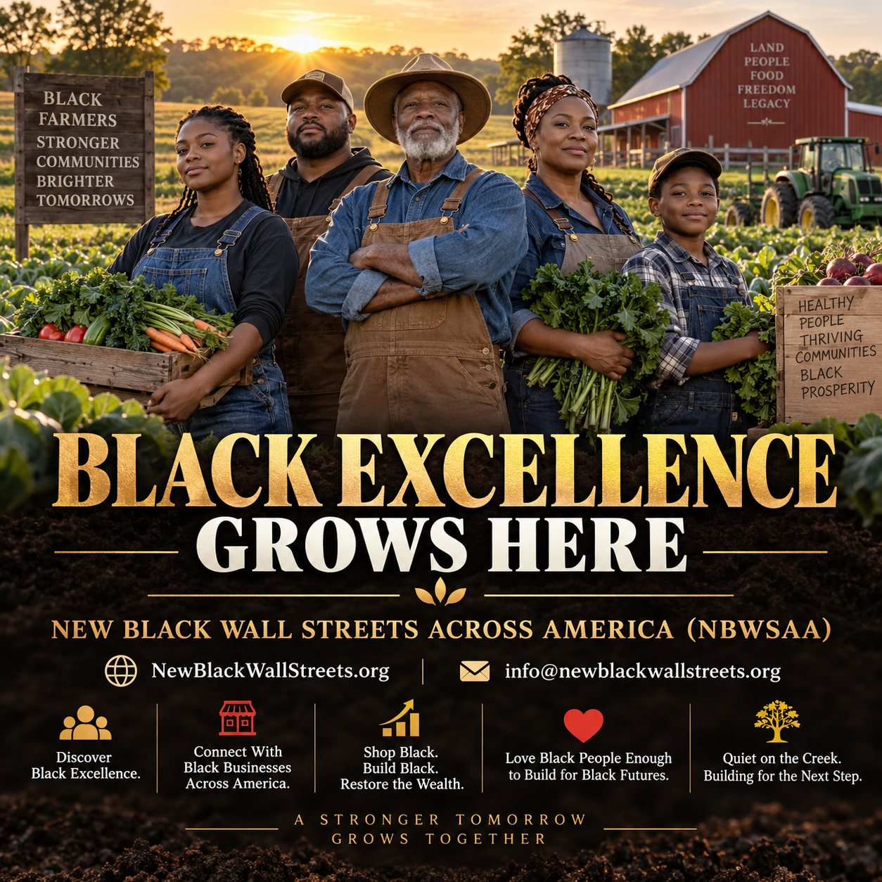 Black farmers and growers standing together with fresh produce under the message “Black Excellence Grows Here.”