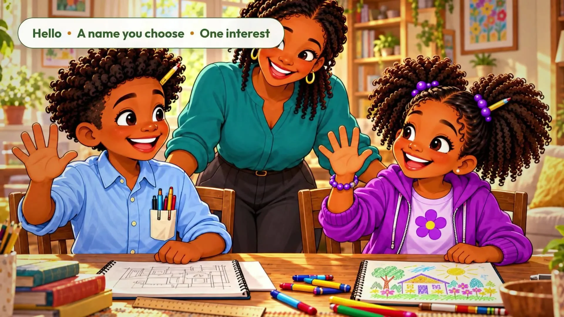 Marcus and Vivian wave with their mother, from Introduce Yourself—and Speak Up.