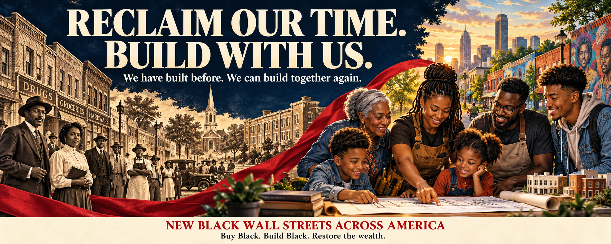 Historic Black businesses and a modern Black family building together. Reclaim Our Time. Build With Us. We have built before. We can build together again. NBWSAA: Buy Black. Build Black. Restore the wealth.