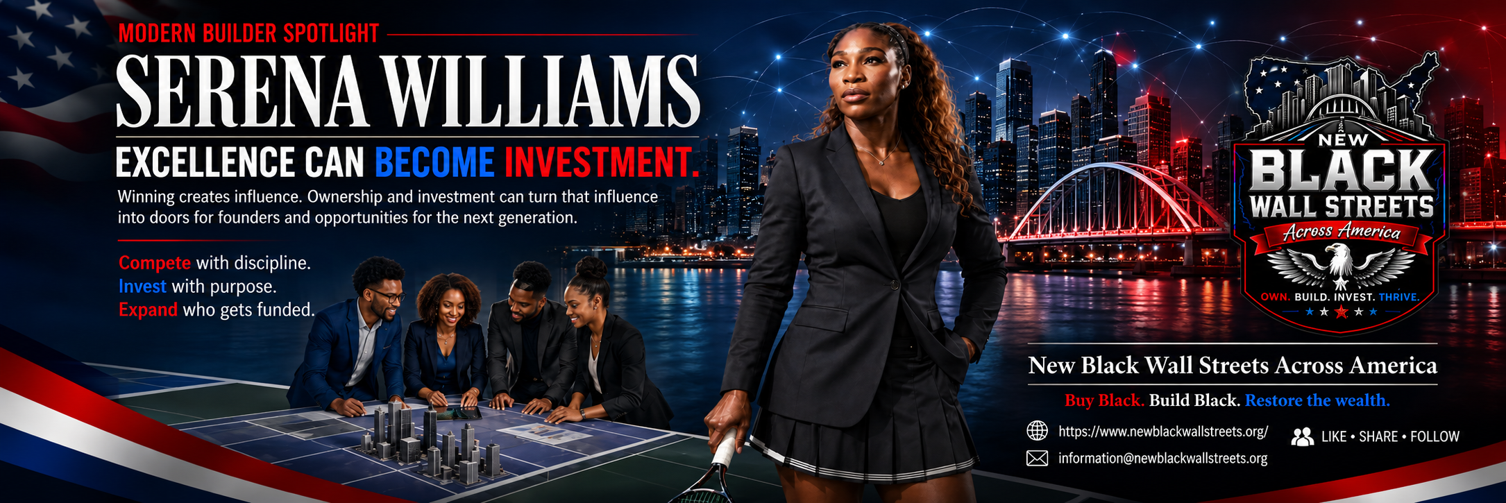 NBWSAA Builder Spotlight poster featuring Serena Williams, with the headline “Excellence can become investment.”