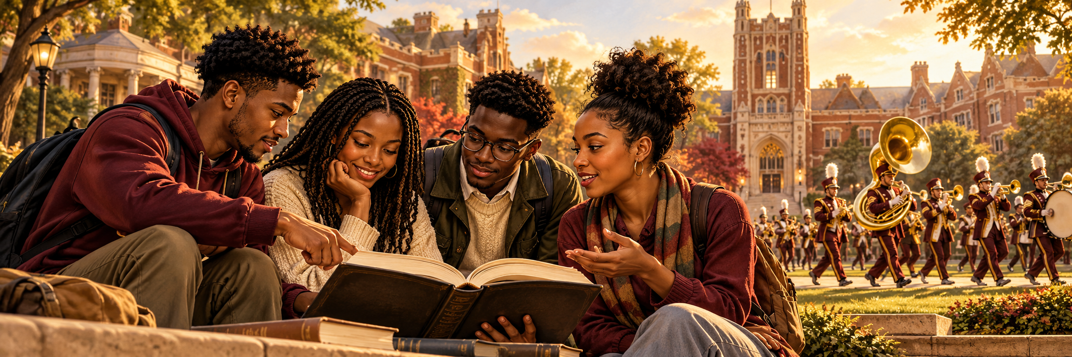 AI-created conceptual illustration of Black students learning on a college campus, with a marching band; no named school depicted.