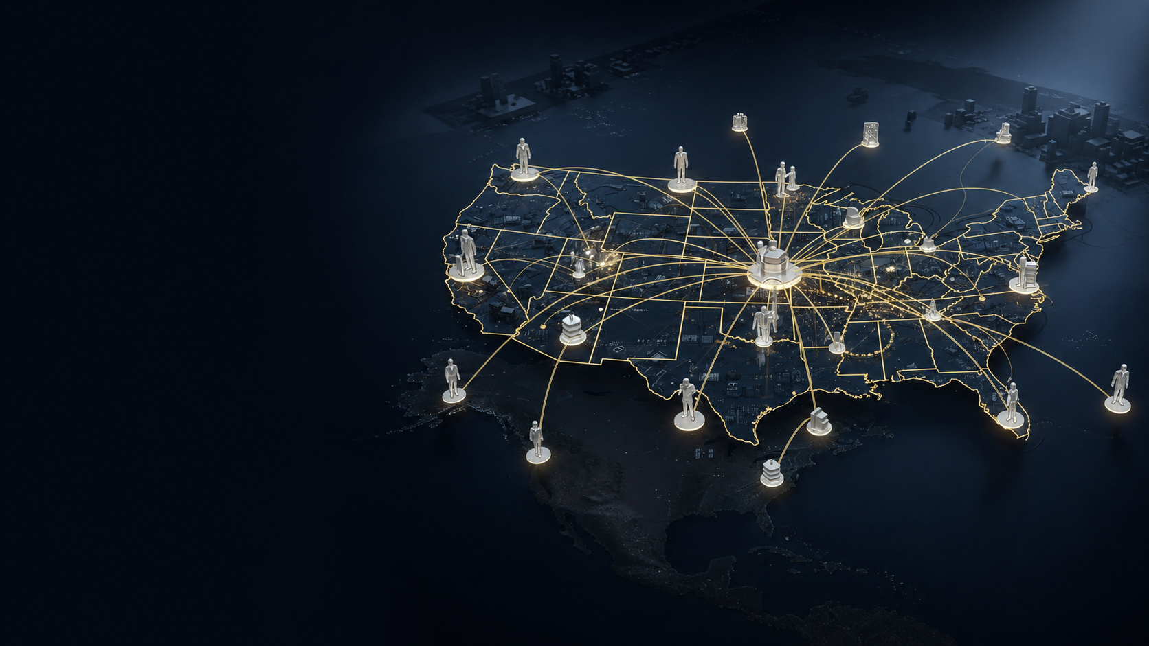 Illustrated United States map with gold connections linking people and institutions across the country.