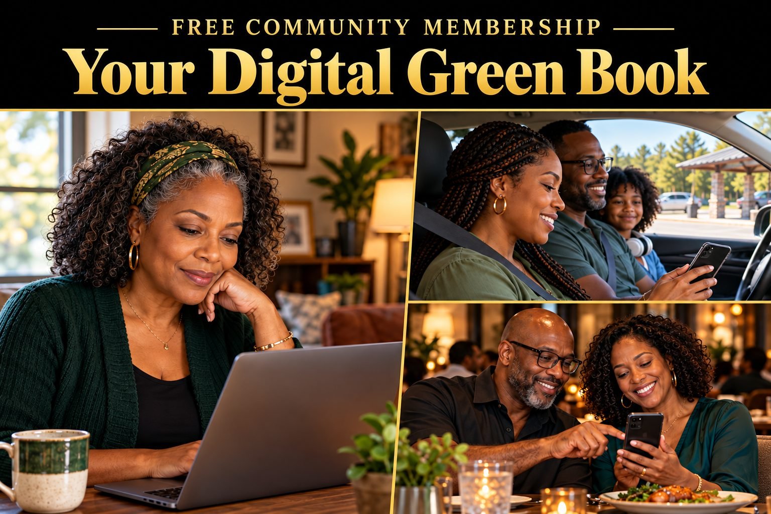 Black people use a laptop at home and phones while traveling and dining. Your Digital Green Book.