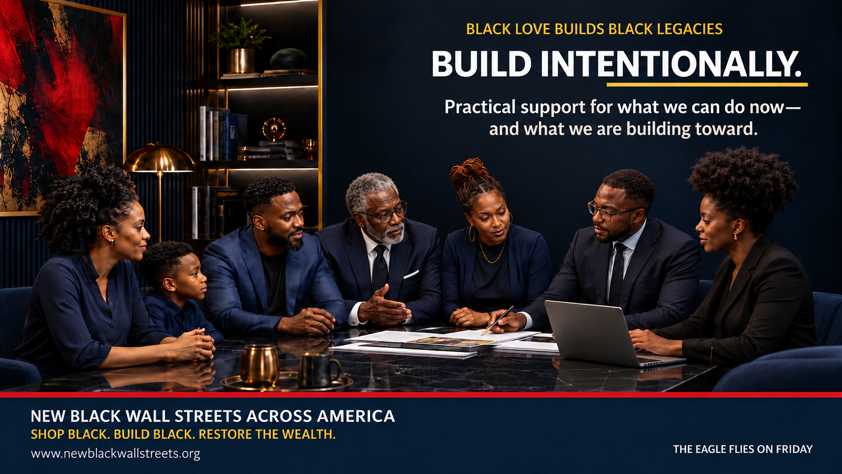 Black Love Builds Black Legacies. Build Intentionally. Practical support for what we can do now—and what we are building toward. People of different generations plan together around a table.