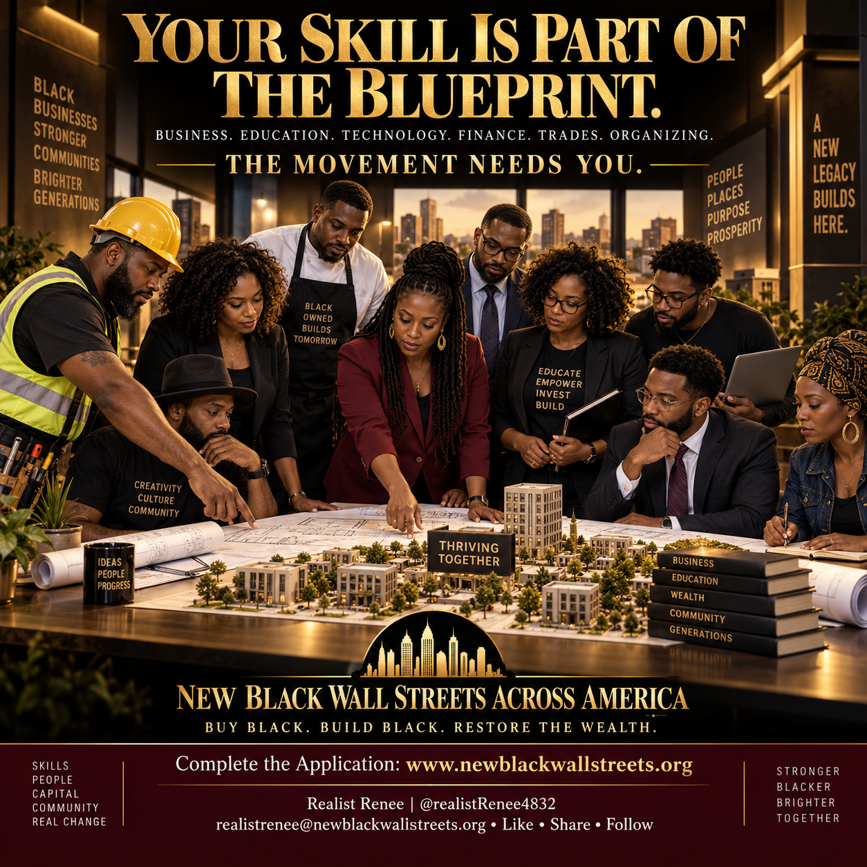 Black American professionals and skilled tradespeople collaborating over a community development blueprint.