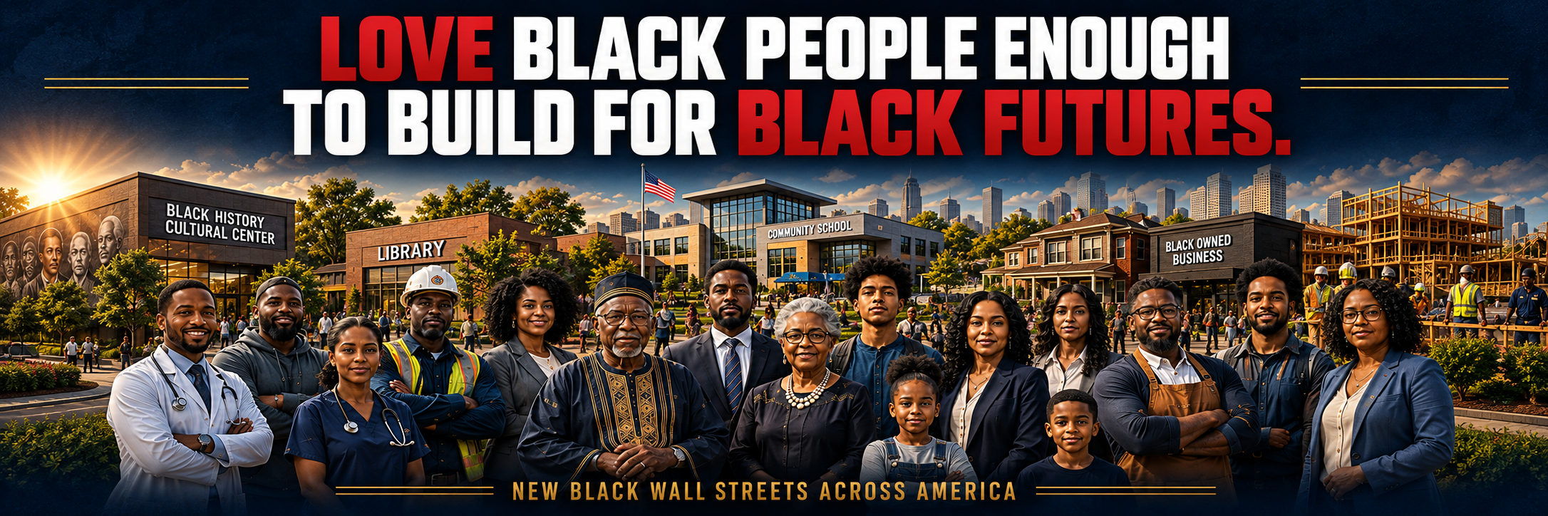 Love Black People Enough to Build for Black Futures. A multigenerational Black community stands together before a library, school, cultural center and Black-owned business.