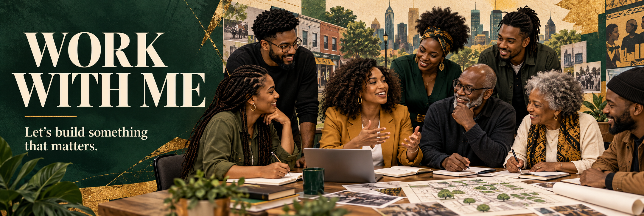 Work With Me — Let’s build something that matters. Black American adults collaborate on stories, business ideas and community plans. Conceptual artwork.