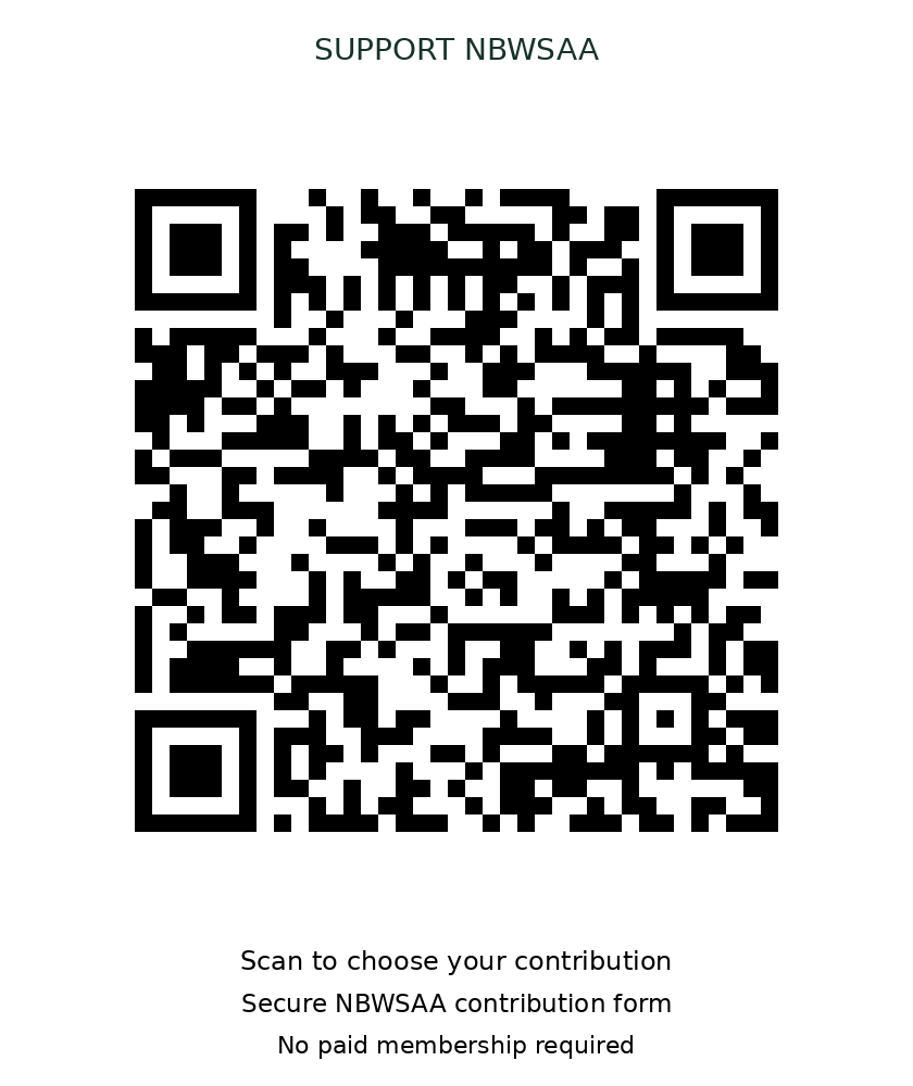 Donation QR code. Scan or select to choose your voluntary contribution in the secure NBWSAA contribution form. No paid membership required.