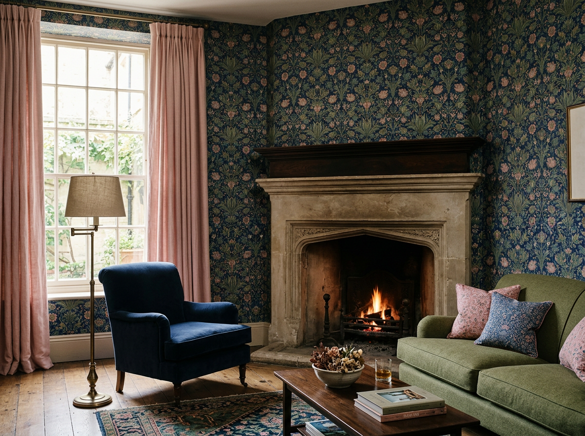 Living room with a large window, pink curtains, a blue armchair, a green sofa with patterned pillows, a fireplace with a fire, a wooden coffee table with books and a bowl of flowers, and a patterned rug.