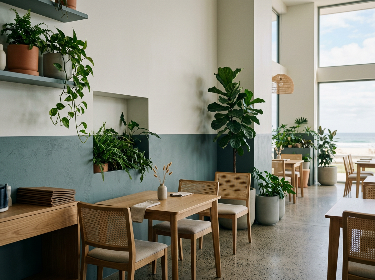 Cozy indoor restaurant with wooden tables, rattan chairs, and green potted plants near large windows overlooking the beach.