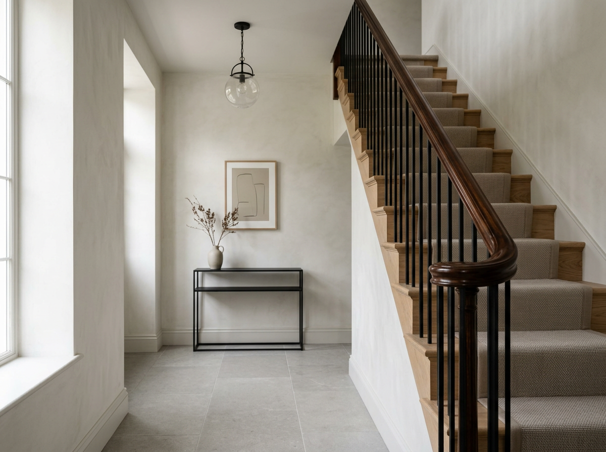 Entryway with staircase on the right, black handrail, beige carpet on stairs, white walls, window to the left, a black console table with a vase and dried branches, framed abstract art on the wall, hanging ceiling light.