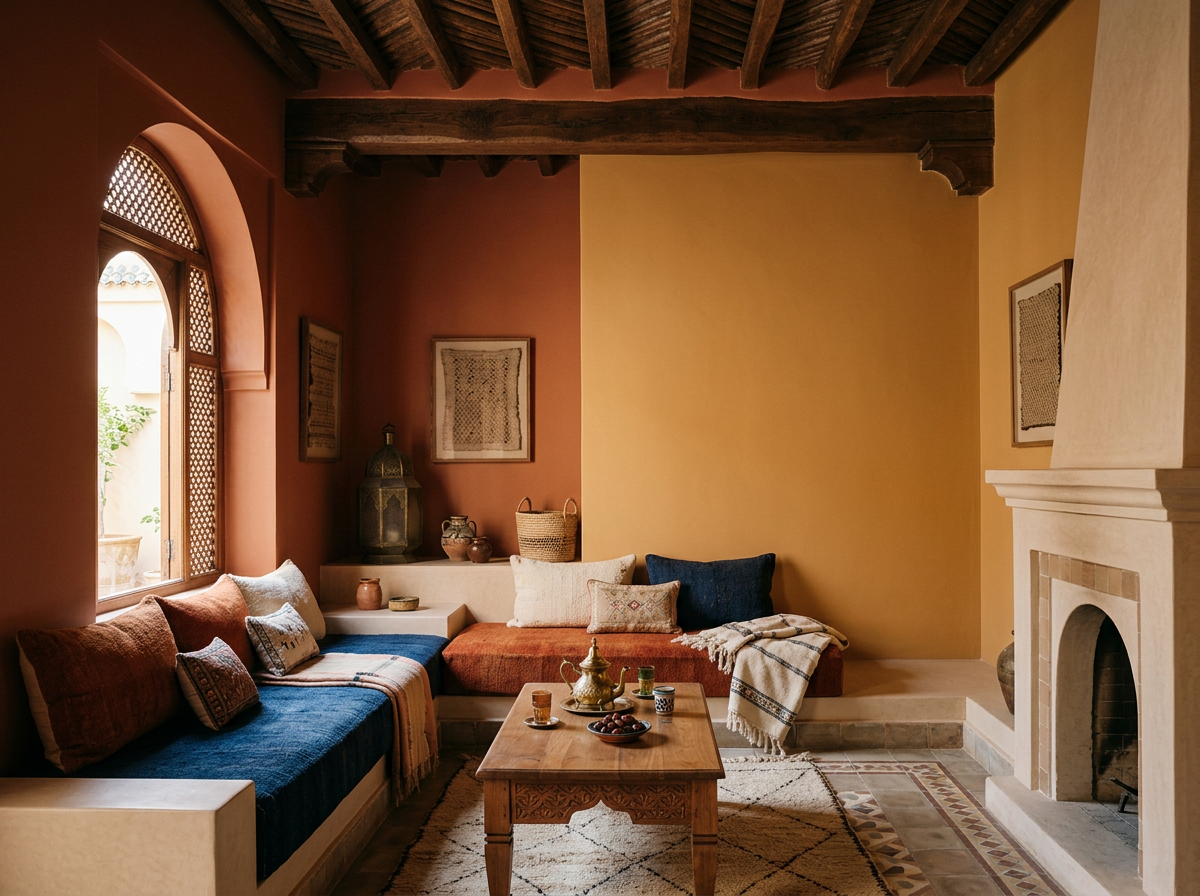 A cozy desert-style living room with a built-in bench along the wall, decorated with colorful cushions and throws. A wooden coffee table in the center holds a teapot, cups, and a bowl of fruit. The room features warm-colored walls, a large arched window with wooden lattice, and a fireplace with a stone mantel. Decorative vases and framed artwork adorn the space, with a terracotta tiled floor and exposed wooden beams on the ceiling.