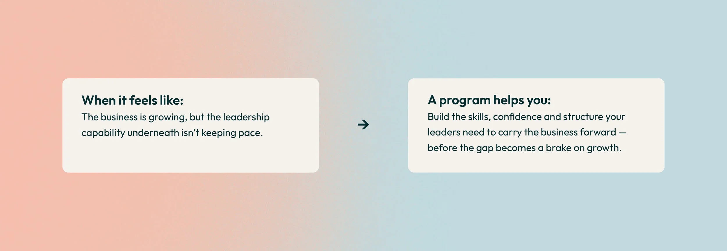 A graphic with a gradient background transitioning from pink on the left to blue on the right. Two text boxes are centered: the first box states, 'When it feels like: The business is growing, but the leadership capability underneath isn’t keeping pac
