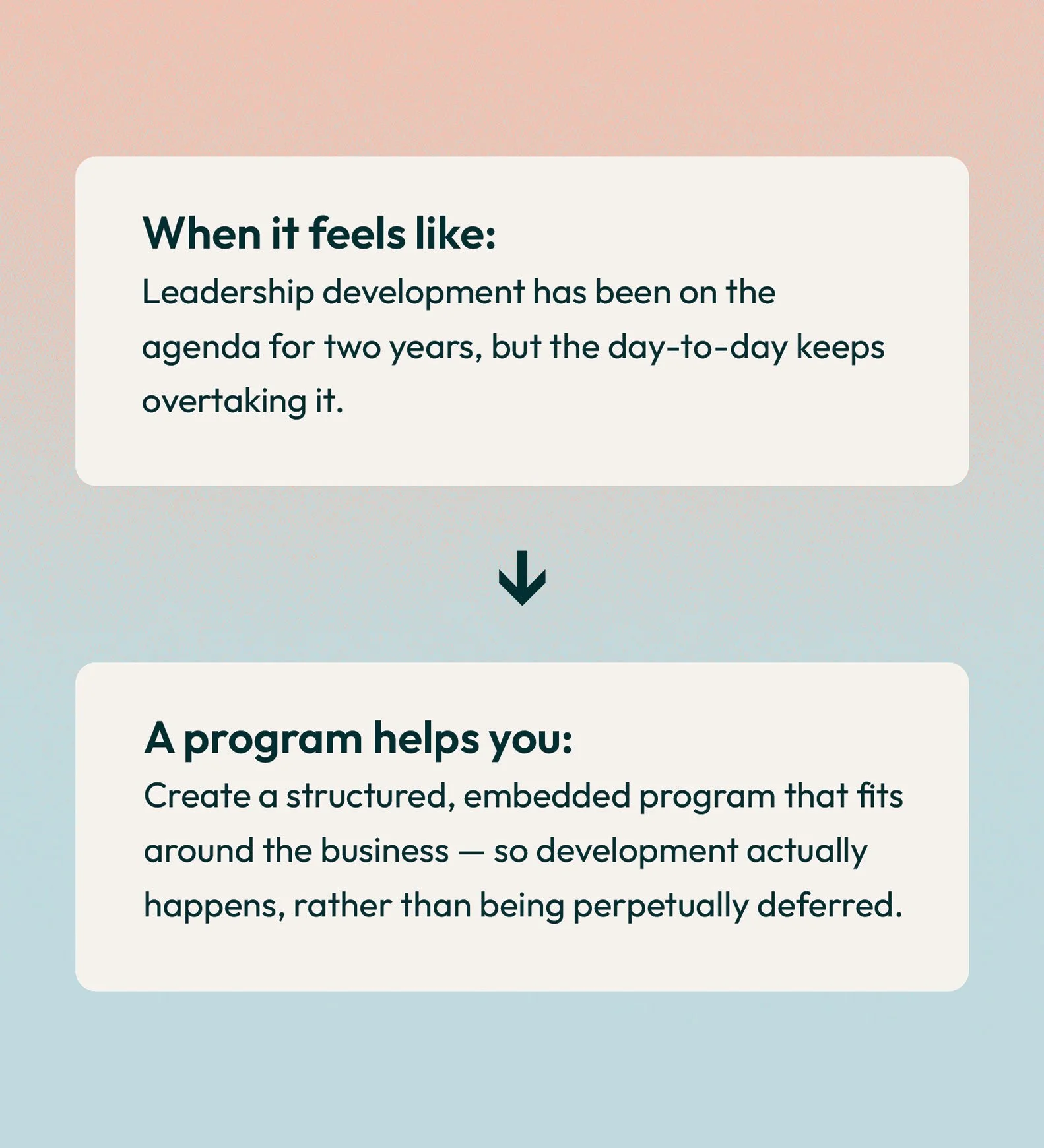 Screenshot of a presentation slide with a white background, showing a motivational quote about leadership development, and a downward arrow icon below the quote.