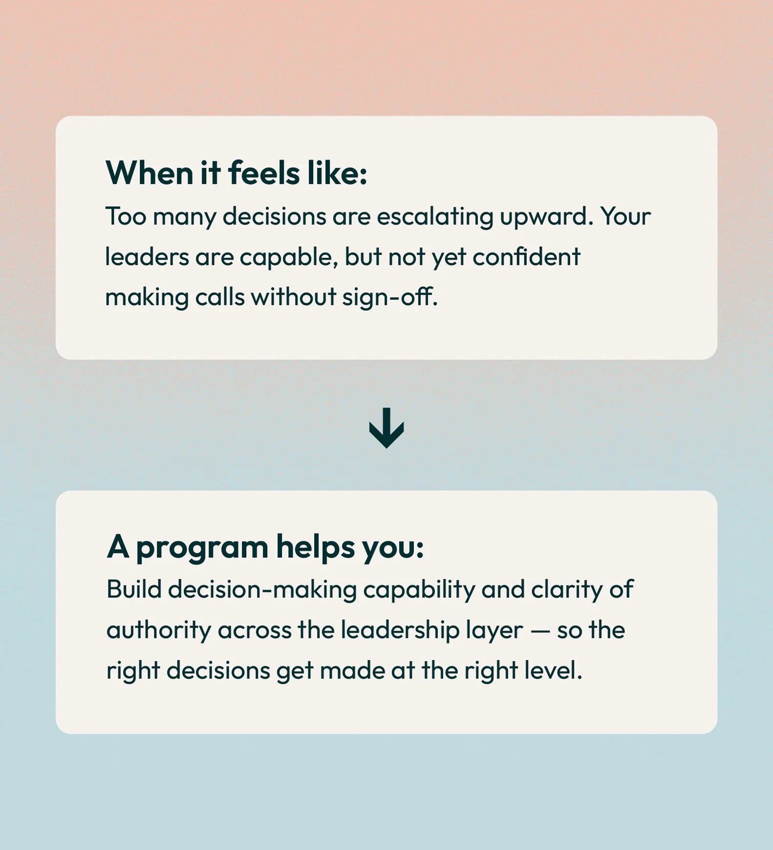 A digital graphic with a pink and blue gradient background. The image contains two sections of text, with the first section highlighted with the header "When it feels like:" and explaining feelings of decision-making overwhelm. The second section, st