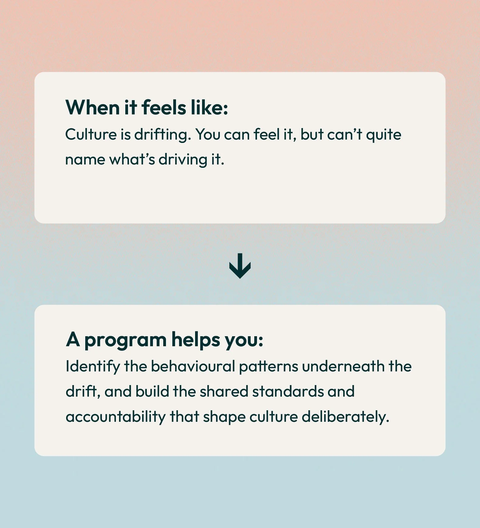 Screenshot of an online program with informational text and a pastel-colored gradient background. The visible text discusses feelings of cultural drift and how a program can help identify behavioral patterns and build shared standards and accountabil