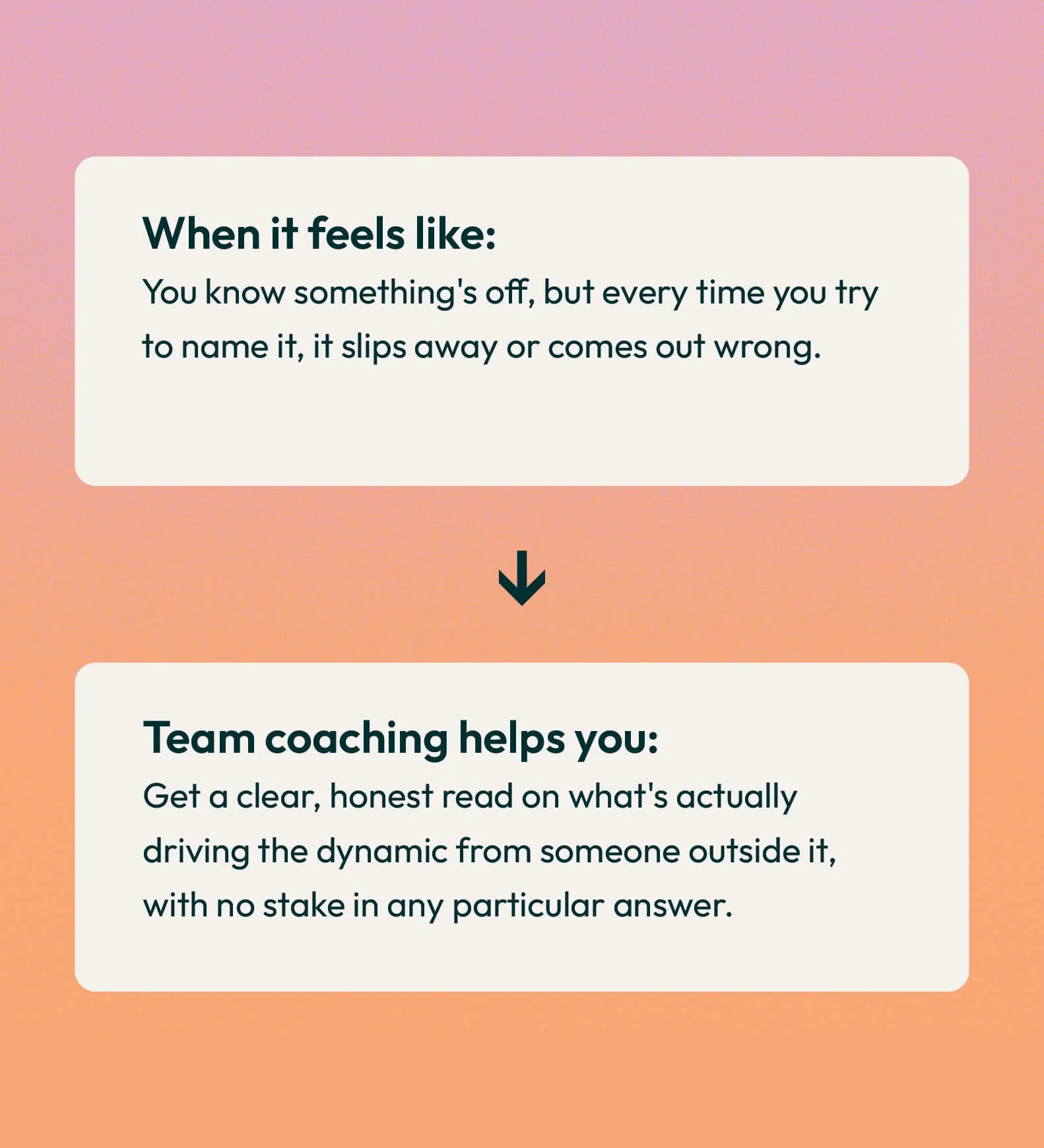 An informational graphic with a pink-to-orange gradient background, containing two sections. The first section states, "When it feels like: You know something's off, but every time you try to name it, it slips away or comes out wrong." The second sec