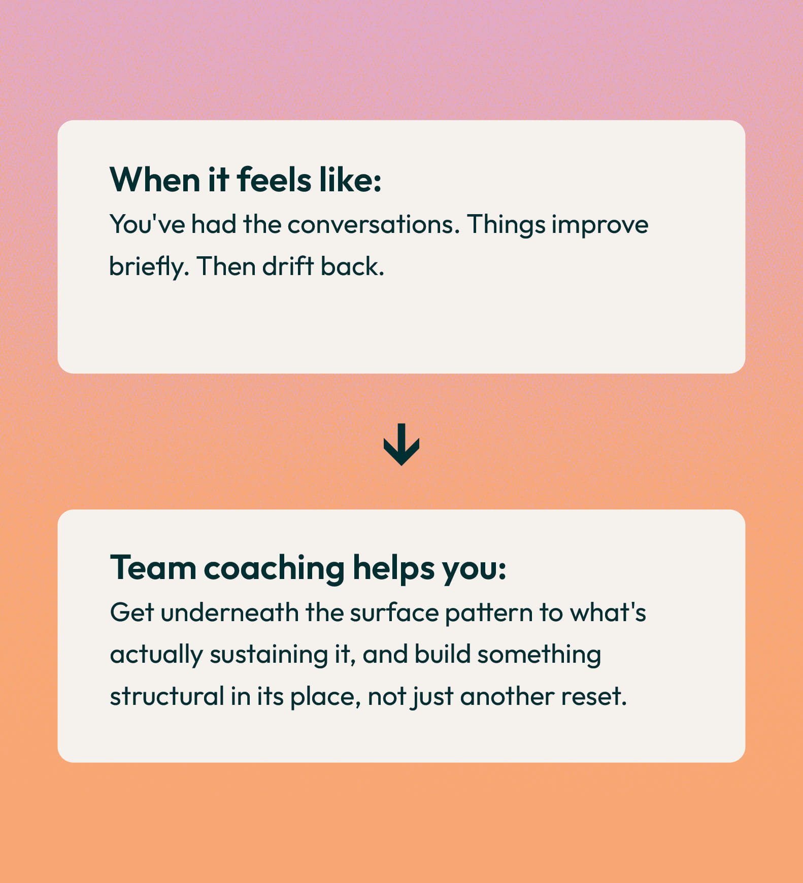 A digital infographic with a pink and orange gradient background, containing motivational and coaching tips in white rounded-corner boxes, with black text and down arrows separating sections.