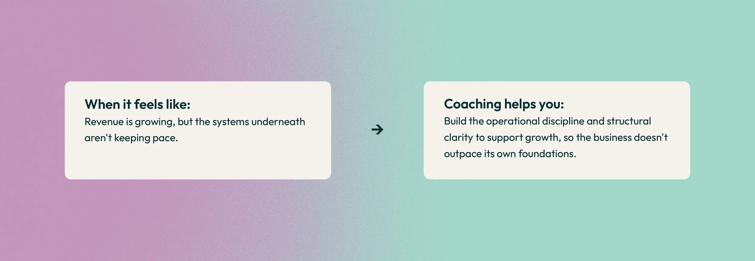 A digital graphic with a pastel purple and teal gradient background, featuring two text boxes with business coaching tips. The left box says: When it feels like: Revenue is growing, but the systems underneath aren't keeping pace. The right box says: 