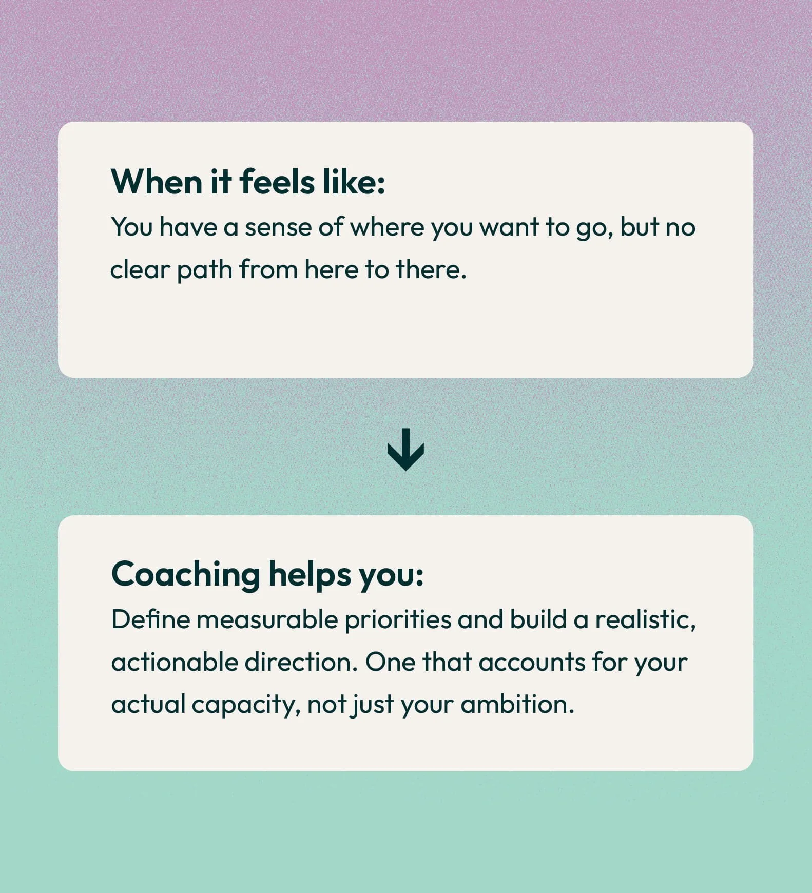 A digital infographic with a gradient background transitioning from pink at the top to light green at the bottom. The infographic contains text in two sections; the first section discusses feelings of uncertainty, and the second explains how coaching