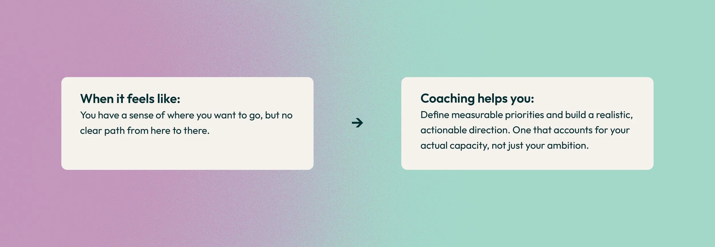 A gradient background transitioning from purple to mint green with two white text boxes. The first box says, 'When it feels like: You have a sense of where you want to go, but no clear path from here to there.' The second box says, 'Coaching helps yo