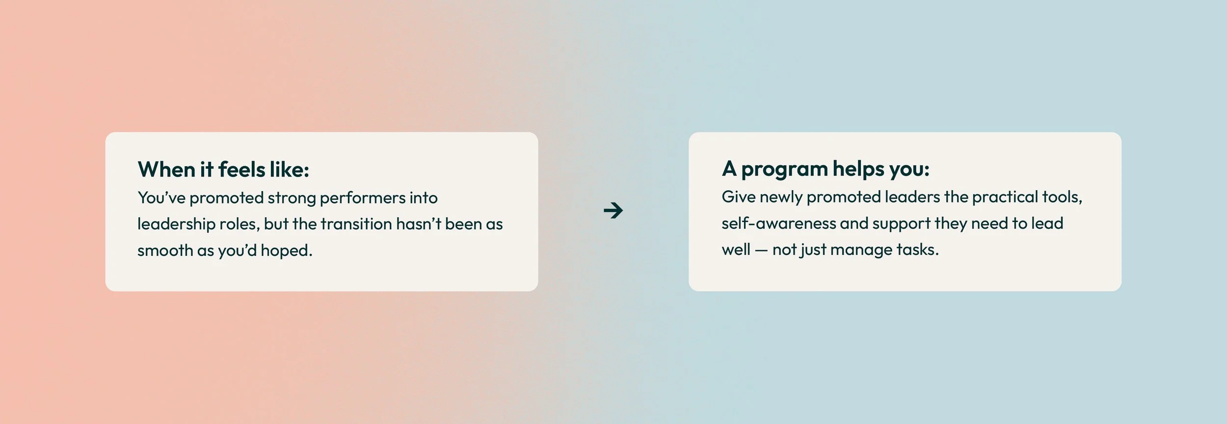 Text-based infographic with a pink to blue gradient background. Left box: "When it feels like: You've promoted strong performers into leadership roles, but the transition hasn't been as smooth as you'd hoped." Right box: "A program helps you: Give ne