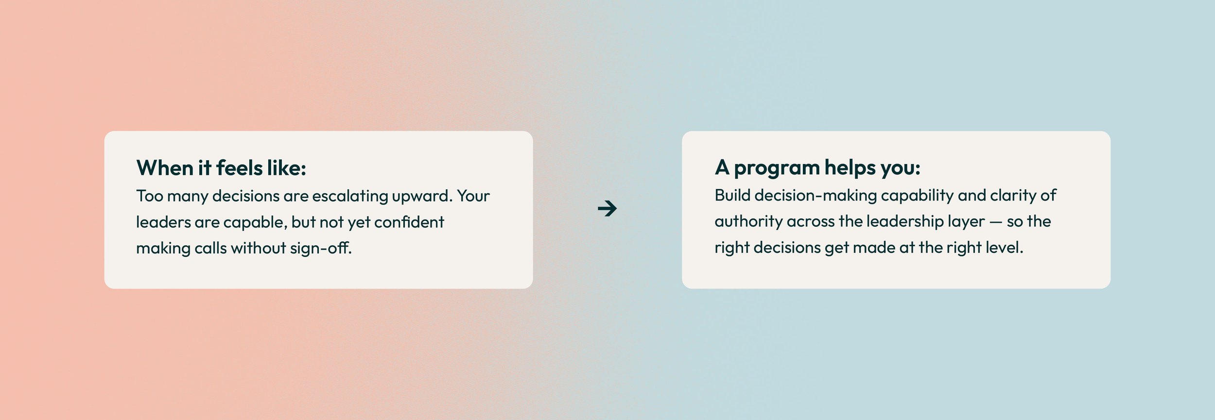 A digital infographic with a gradient background transitioning from pink on the left to blue on the right. It contains two text boxes; the left one says 'When it feels like: Too many decisions are escalating upward. Your leaders are capable, but not 