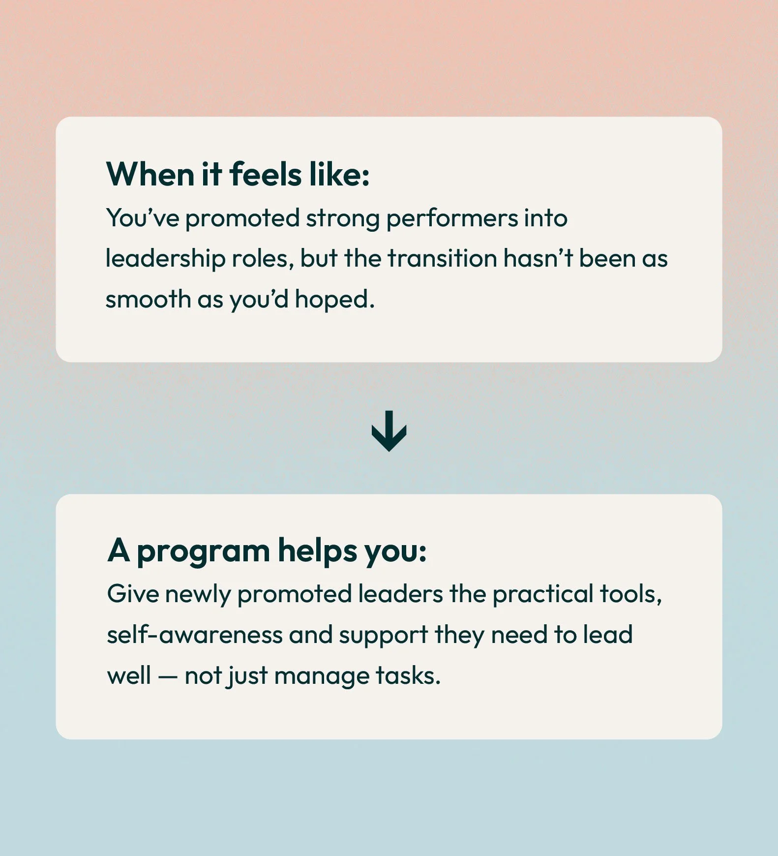 A screenshot of a webpage with a pale pink and blue gradient background, containing text boxes with tips. The first tip, titled 'When it feels like:', explains about promoting strong performers into leadership roles and the transition challenges. The