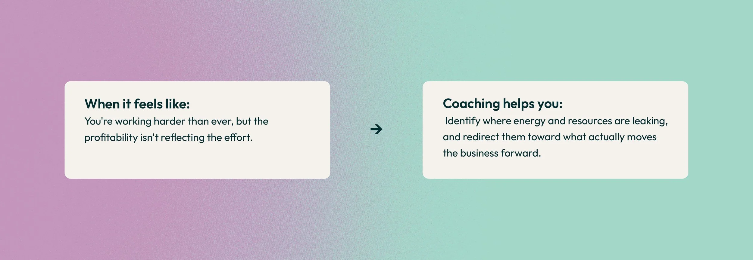 A digital graphic with a pastel purple and green gradient background, displaying two side-by-side text boxes with coaching tips. The left box says, 'When it feels like: You're working harder than ever, but the profitability isn't reflecting the effor