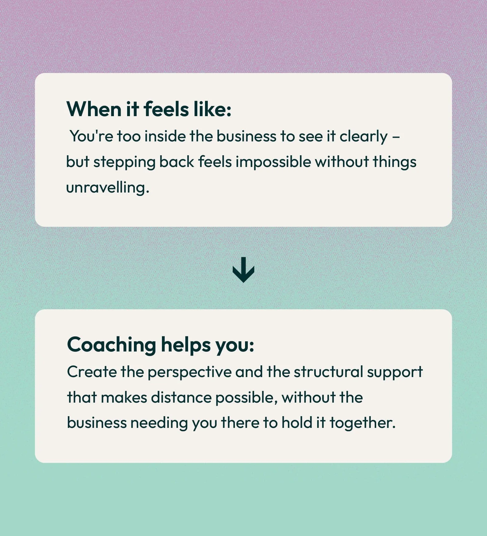 Text on a gradient background discussing feelings about business and coaching benefits.